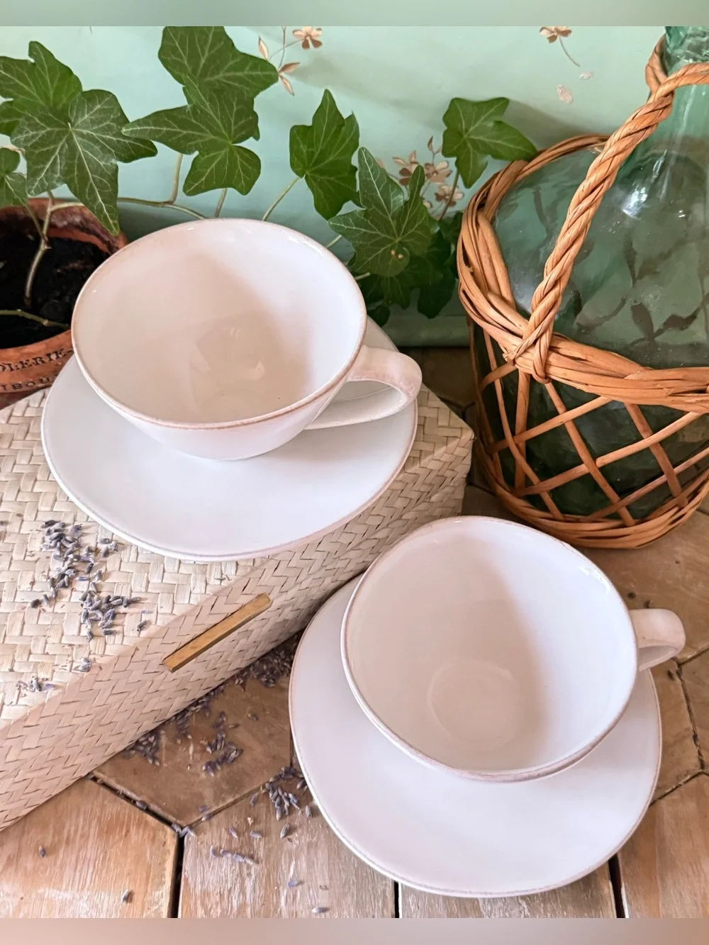 Crate & Barrel Marin 9.5-oz. White Stoneware Cappuccino Cups & Saucers, Set/2